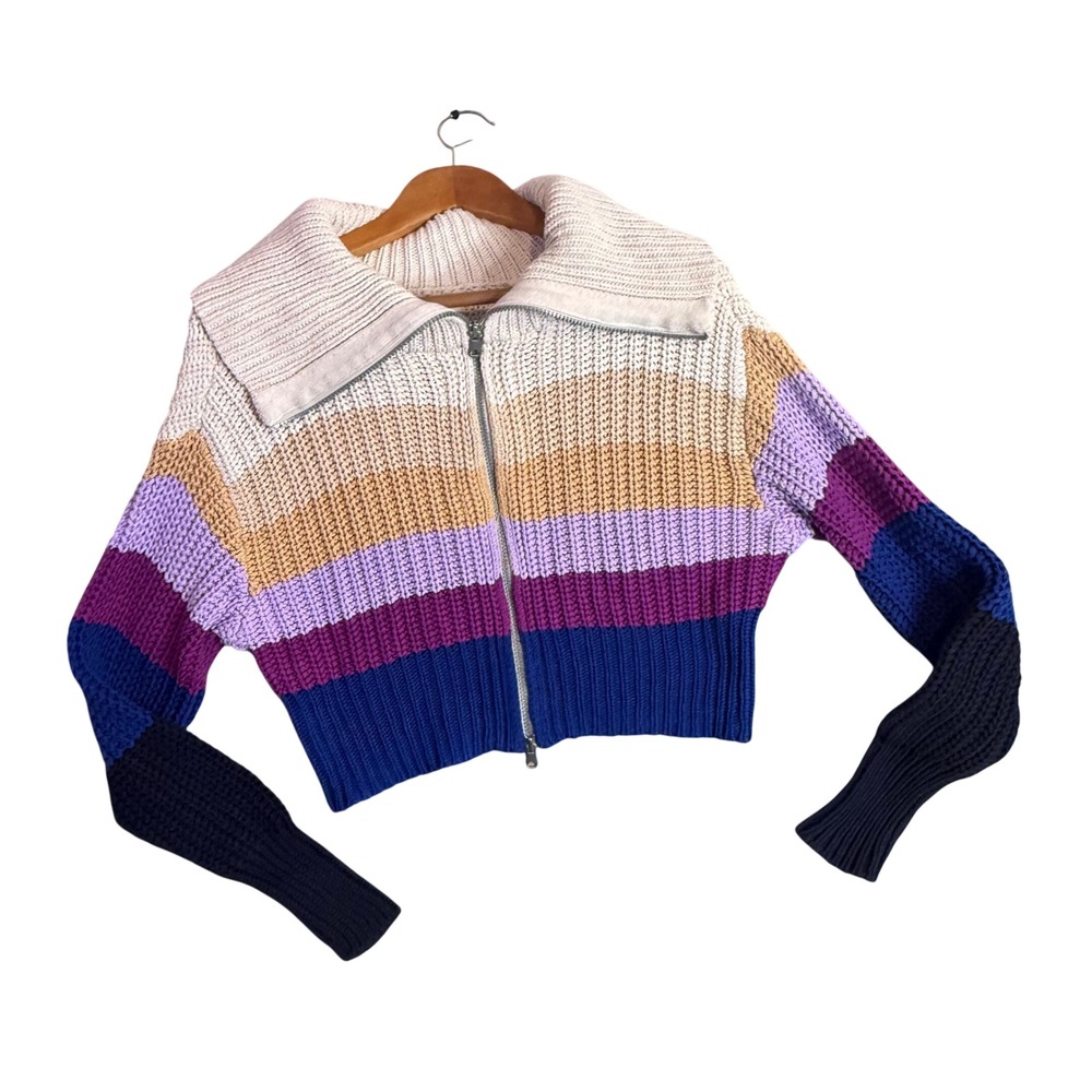 Women's Chunky Knit Colorblock Ribbed Knit Full Zip Sweater Size S Cropped Retro